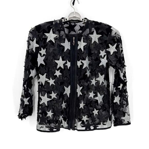 Istanbul Leather Bazaar black sheer mesh jacket white black star pattern size L